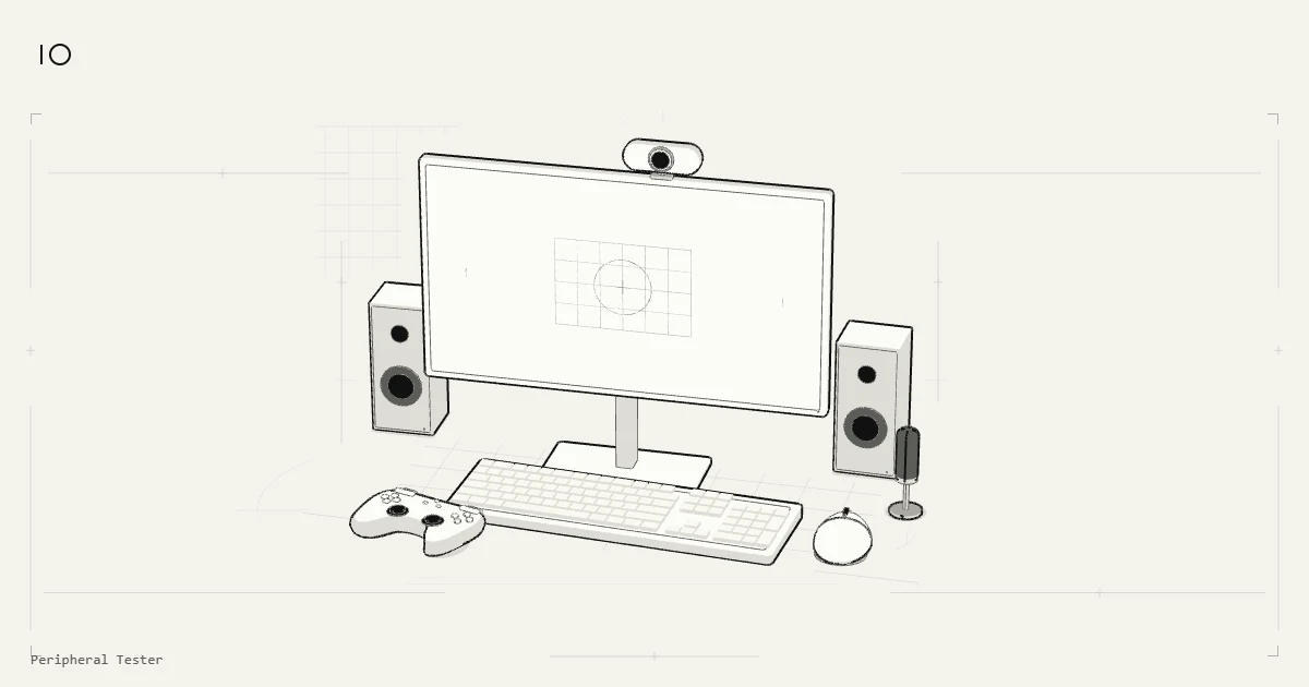 IO workstation with a monitor, keyboard, mouse, controller, webcam, speakers, and microphone.